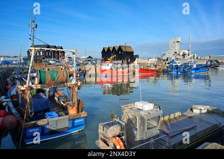 Barche da pesca ormeggiate nel porto di whitstable in una tranquilla giornata di sole con un cielo blu e delicati riflessi Foto Stock