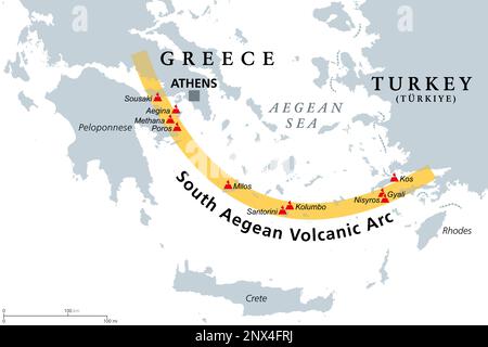 Mappa dell'Arco vulcanico dell'Egeo meridionale. Catena di vulcani formata da tecniche a piastra, causata dalla sottrazione dell'Africa sotto la piastra eurasiatica. Foto Stock