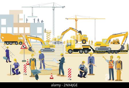 Cantiere con escavatori, macchine da costruzione e autocarri pesanti, illustrazione Illustrazione Vettoriale