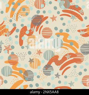 Modello senza cuciture con forme astratte e stelle in stile minimalistico in colori alla moda. Illustrazione vettoriale su sfondo beige. Per schede, design, pr Illustrazione Vettoriale