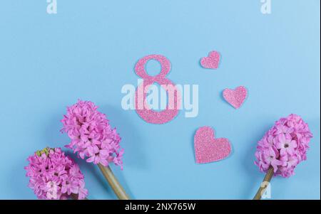 Marzo 8 Card della Festa della Donna da fiori di giacinto primaverile Foto Stock