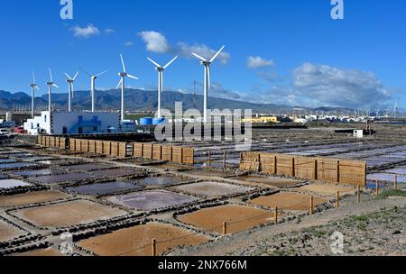 Appartamenti di sale marino a las Salinas de Tenefé con turbine eoliche vicino ad Arinaga, Gran Canaria Foto Stock