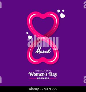 Happy International Women’s Day Concept con due forme d’arte a forma di cuore che formano il numero 8 su sfondo viola massaggiante - Happy Women’s Day. Illustrazione Vettoriale