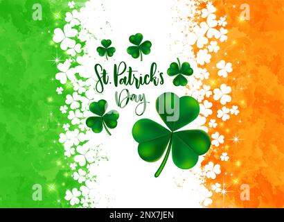 St Patrick's Day Celebration sfondo con shamrock trifoglio e testo su sfondo colorato bandiera irlandese. Stock vettoriale. Illustrazione Vettoriale
