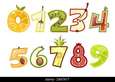 Numeri di frutta. Set di numeri vettoriali o adesivi Illustrazione Vettoriale