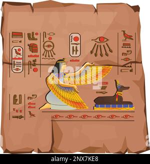 Antico Egitto papiro parte vettore cartoon. Antica carta con geroglifici e simboli religiosi della cultura egiziana, divinità Iside e Anubis, isolata su sfondo bianco Illustrazione Vettoriale