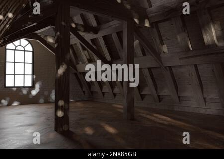 3d rendering di stanza mansardata in legno con luminosi punti luce Foto Stock