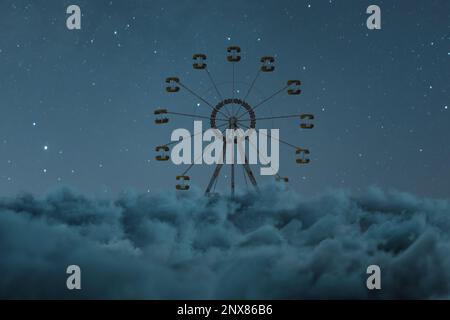 3d rendering di vecchia ruota ferris su soffici nuvole di fronte al bel cielo stellato Foto Stock