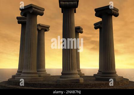 3D rendering di un palcoscenico rotondo circondato da colonne ioniche e vista sul bel mare Foto Stock