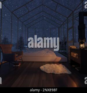 3D rendering di accogliente serra con letto e camino di fronte al cielo stellato di notte Foto Stock