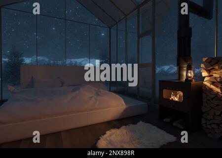 3D rendering di accogliente capanna con letto e pannelli di vetro di fronte al cielo stellato di notte Foto Stock