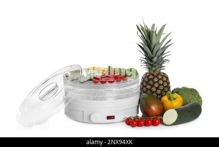 Moderno disidratatore con frutta e verdura su sfondo bianco Foto Stock