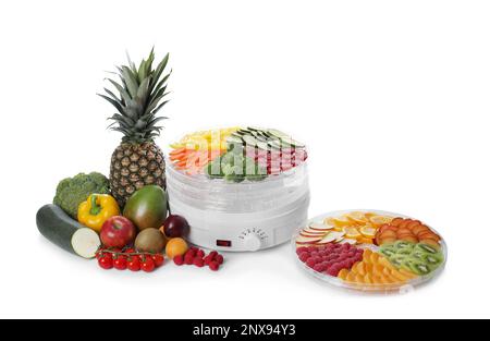 Moderno disidratatore con frutta e verdura su sfondo bianco Foto Stock