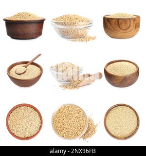 Set con quinoa cruda su sfondo bianco Foto Stock
