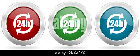 24h set di icone vettoriali. Pulsanti Web metallici in argento rosso, blu e verde con bordo cromato Illustrazione Vettoriale