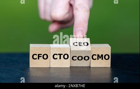 I cubi formano le abbreviazioni 'CFO, CTO, COO, CMO e CEO' come simbolo della gerarchia della leadership in un'azienda. Foto Stock