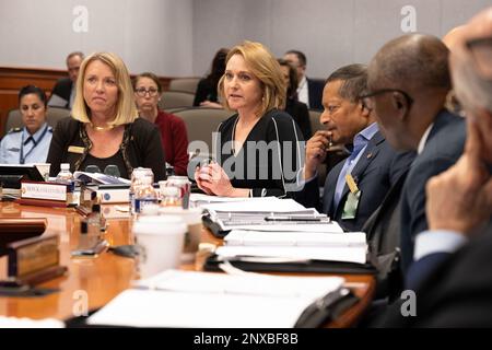 Vice Segretario della Difesa Kathleen Hicks parla con i membri del Consiglio d'Affari della Difesa durante un incontro al Pentagono, Washington, D.C. Foto Stock