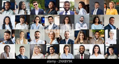 Gente allegra di affari che posa su sfondi diversi, collage Foto Stock