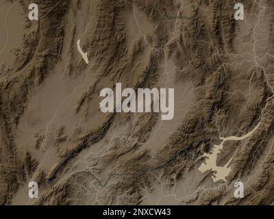 Phrae, provincia della Thailandia. Mappa dell'altitudine colorata in tonalità seppia con laghi e fiumi Foto Stock