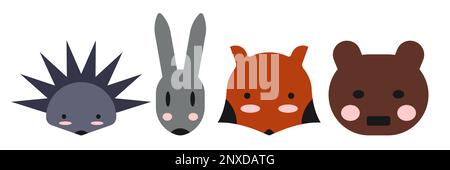 Una serie di divertenti facce carine di animali selvaggi della foresta. Collezione di illustrazioni retrò e vintage per bambini. Icone, elementi, clipart, oggetti per desi Illustrazione Vettoriale
