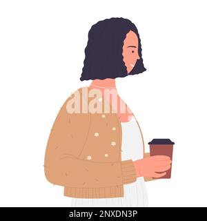 Ragazza che acquista latte caffè da asporto. Bere caffè da portare via, illustrazione vettoriale delle bevande di strada Illustrazione Vettoriale