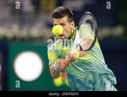 Dubai, Emirati Arabi Uniti, 1st. Marzo 2023. Tennista serbo Novak Djokovic in azione al Dubai Duty Free Tennis Championships ATP torneo al Dubai Duty Free Tennis Stadium Mercoledì 01 marzo Febbraio 2023., © Juergen Hasenkopf / Alamy Live News Foto Stock