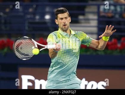 Dubai, Emirati Arabi Uniti, 1st. Marzo 2023. Tennista serbo Novak Djokovic in azione al Dubai Duty Free Tennis Championships ATP torneo al Dubai Duty Free Tennis Stadium Mercoledì 01 marzo Febbraio 2023., © Juergen Hasenkopf / Alamy Live News Foto Stock