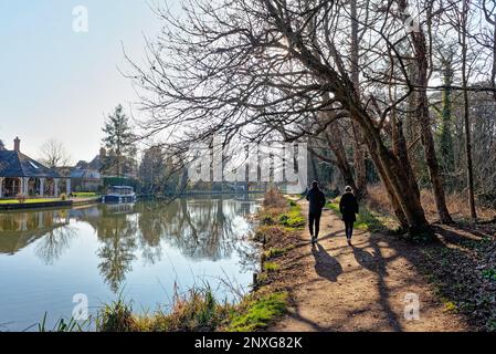 Il tranquillo e tranquillo backwater del canale di navigazione River Wey a Weybridge in un giorno soleggiato inverni Surrey Inghilterra UK Foto Stock