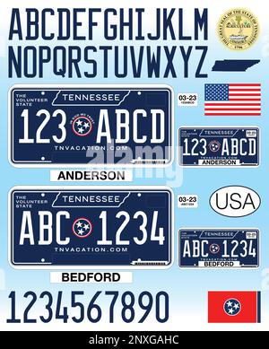 Targa veicolo New Tennessee stile blu, 2023, lettere, numeri e simboli, illustrazione vettoriale, STATI UNITI Illustrazione Vettoriale