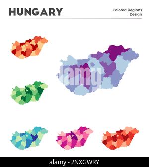 Raccolta mappe Ungheria. Confini dell'Ungheria per la vostra infografica. Regioni di paese colorate. Illustrazione vettoriale. Illustrazione Vettoriale