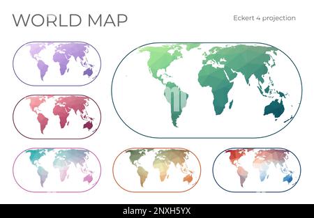 Mappa mondo Poly bassa impostata. Proiezione Eckert IV. Collezione di mappe del mondo in stile geometrico. Illustrazione vettoriale. Illustrazione Vettoriale