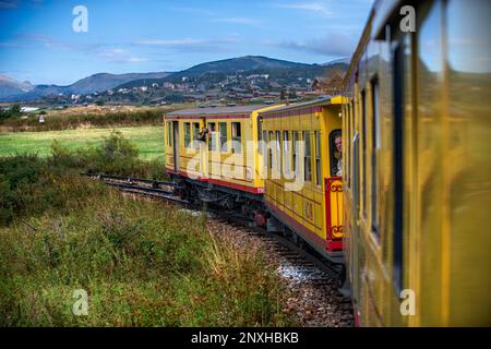 Viaggio nel treno giallo o treno Jaune, Pyrénées-Orientales, Languedoc-Roussillon, Francia. La ligne de Cerdagne, solitamente denominata le P Foto Stock