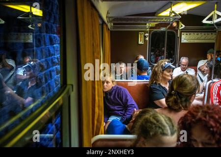 Persone all'interno del treno giallo o treno Jaune, Pyrénées-Orientales, Languedoc-Roussillon, Francia. La ligne de Cerdagne, di solito chiamato le PE Foto Stock