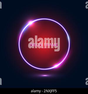 Cornice blu rotonda al neon su sfondo blu-rosso scuro. Illustrazione Vettoriale