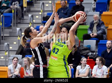 Praga, Repubblica Ceca. 01st Mar, 2023. L-R Sabrina Cinili (Bologna) e Brionna Jones (USK) in azione durante il 14th° round della A group della European Women's Basketball League (EWBL), USK Praha vs Bologna, il 1st marzo 2023, a Praga, Repubblica Ceca. Credit: Katerina Sulova/CTK Photo/Alamy Live News Foto Stock