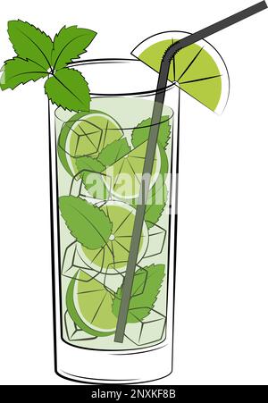 Cocktail Mojito con foglie di menta fresca, spicchi di lime e cubetti di ghiaccio. Illustrazione vettoriale delle bevande alcoliche classiche Illustrazione Vettoriale