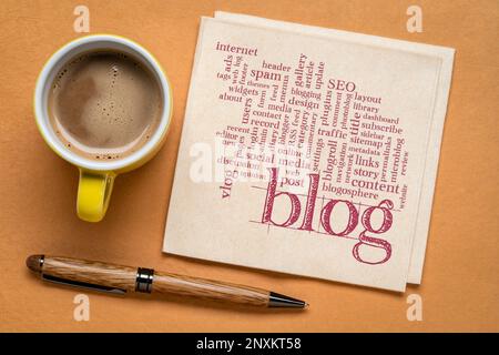 nuvola di parole o tag relativi al blog e alla progettazione di blog, concetto di social media Foto Stock