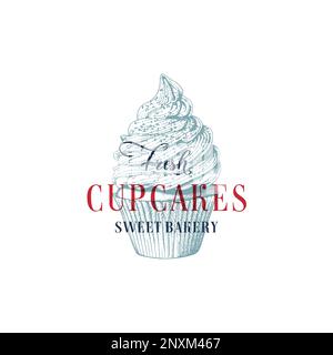 Dolci di pasticceria e dolci abbozzano la scritta per pasticceria o caffetteria e bar panetteria. Calligrafia vettoriale per cupcake al cioccolato, tiramisù o. Illustrazione Vettoriale