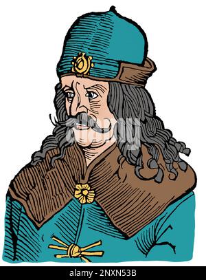 Vlad III, comunemente noto come Vlad l'impalatore o Vlad Dracula (1428/31, ai 1476/77), è stato Voivode di Wallachia tre volte. È spesso considerato uno dei più importanti governanti della storia della Vallachia e un eroe nazionale della Romania. Noto per la sua crudeltà, il suo patronimico ispirò il nome del vampiro letterario di Bram Stoker, il conte Dracula. Illustrazione dopo un'incisione del 16th° secolo. Colorato. Foto Stock