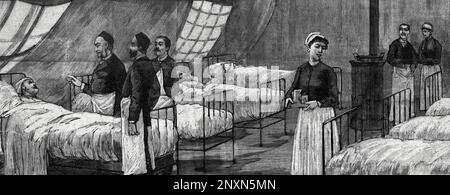 Illustrazione relativa alla pandemia influenzale a Parigi, dalla copertina di le Petit Parisien, gennaio 1890: L'interno di una speciale tenda allestita come reparto per i malati nel cortile dell'ospedale. La pandemia del 1889-1890, spesso chiamata influenza russa, è stata una delle pandemie più letali della storia, uccidendo un milione di persone. Foto Stock