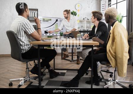 L'uomo caucasico presenta una relazione finanziaria sul monitor per i colleghi maschi multirazziali presso un ufficio moderno. Uomini d'affari e partner seduti alla scrivania. Concetto di conferenza aziendale. Foto Stock