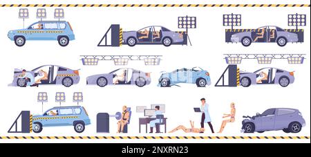 Crash test completo piatto con auto schiacciate e dummies isolato vettore illustrazione Illustrazione Vettoriale