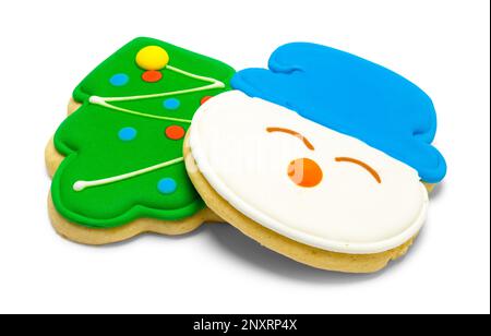 Due biscotti di zucchero di Natale tagliati fuori sul bianco. Foto Stock