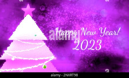 Sfondo blu e viola realizzato in astrazione di cartoni animati. Movimento. Auguri di buon anno con il prossimo anno 2023 con alberi di Natale e illuminazione. Foto Stock