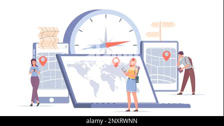 Geolocalizzazione composizione piatta con mappe online su vari gadget bussola e persone che utilizzano il navigatore online vettore illustrazione Illustrazione Vettoriale
