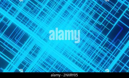 Animazione con tunnel quadrato rotante. Design. Quadrati lineari al neon nel tunnel rotante. Bellissimo tunnel vertiginoso di piazze al neon. Foto Stock