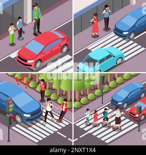 Norme per la sicurezza stradale dei bambini 2x2 Set di composizioni quadrate con viste isometriche dell'illustrazione vettoriale delle traverse urbane Illustrazione Vettoriale