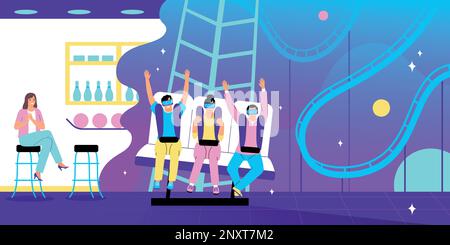 Immagine vettoriale piatta in realtà virtuale con i giovani in occhiali VR simulata corsa sulle montagne russe nel parco divertimenti Illustrazione Vettoriale