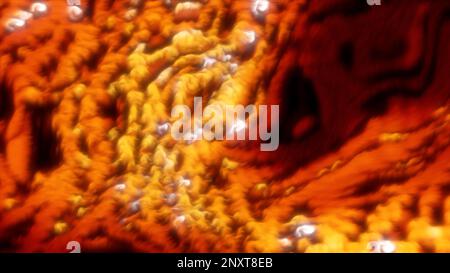 Sfondo verde e arancione. Movimento. Massa bollente con perline bianche all'interno realizzate in computer grafica. Riprese in 4K di alta qualità Foto Stock