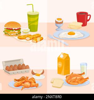 Prodotti di pollo Set piatto di composizioni quadrate con cibo servito fatto con uova di pollame e illustrazione di vettore di fastfood Illustrazione Vettoriale